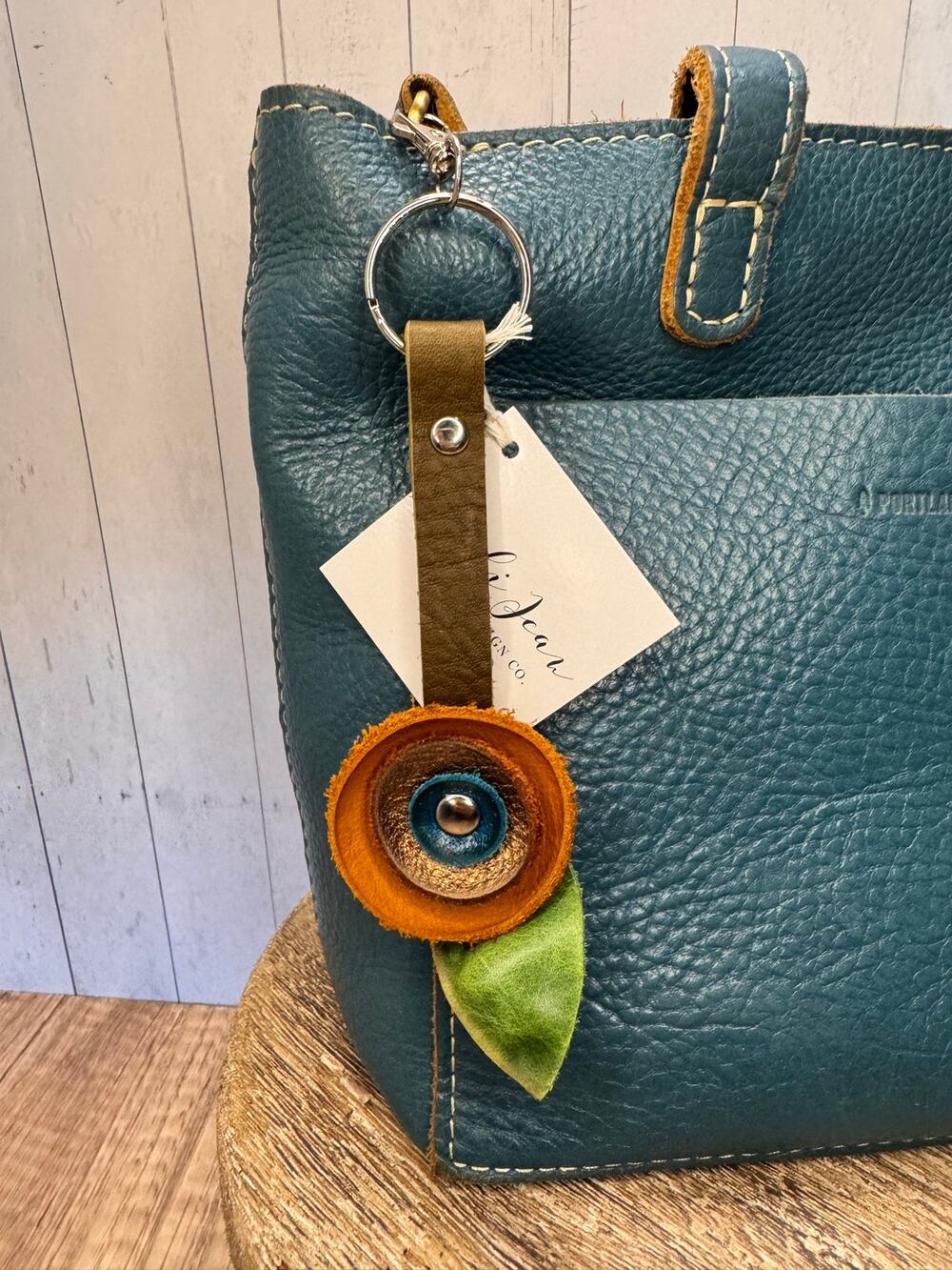 Genuine Leather Round Flower Purse Charm Tan Gold Blue Boho Bag Charm